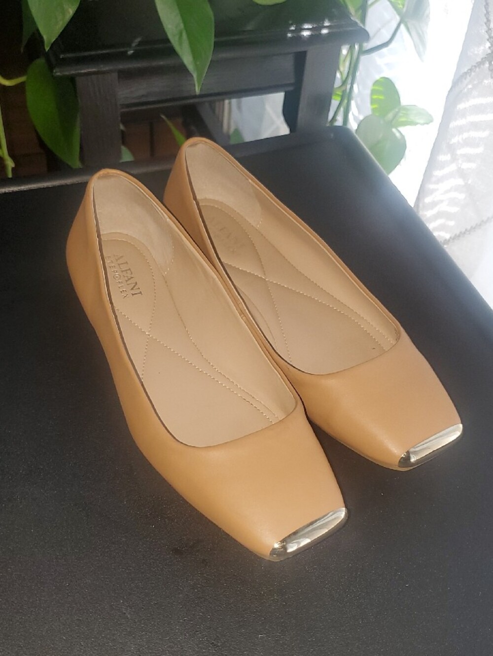 Alfani Tan Square-Toe Flats with Gold Toe Accent